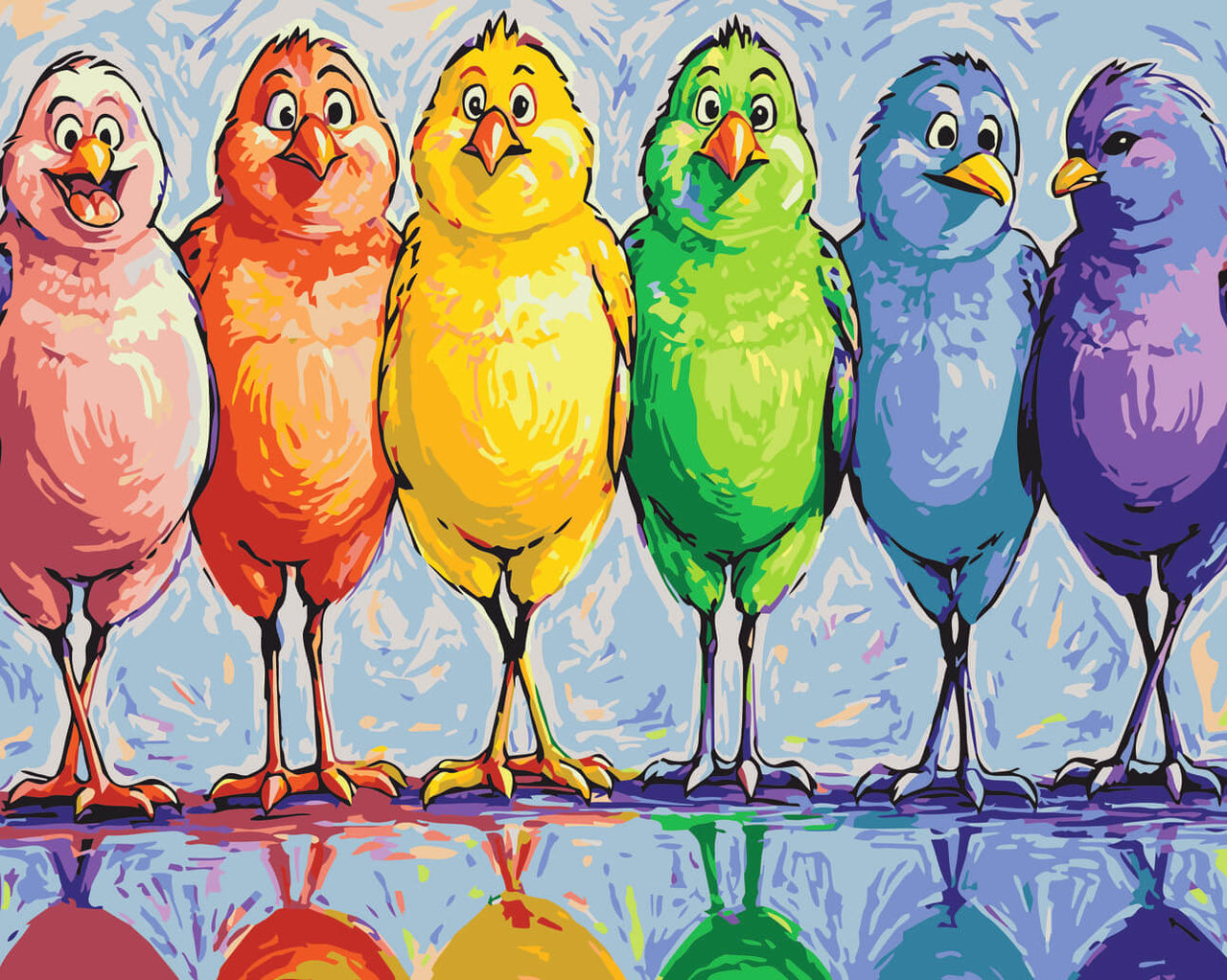 Seitsemän sarjakuvamaista lintua seisoo rivissä sateenkaaren väreissä, taustalla kirkas sininen taivas ja heijastus pinnasta – paint by numbers -maalaus.