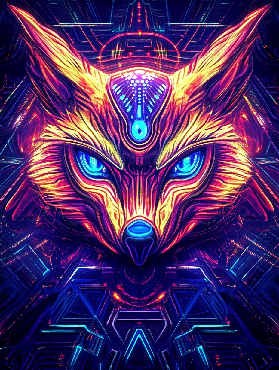 Neon-värinen kettu, jonka kirkkaat siniset silmät hehkuvat futuristisessa taustassa, täynnä yksityiskohtaisia geometrisia kuvioita.