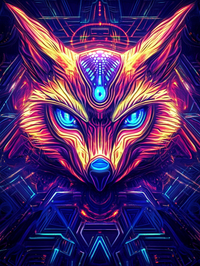 Thumbnail for Neon-värinen kettu, jonka kirkkaat siniset silmät hehkuvat futuristisessa taustassa, täynnä yksityiskohtaisia geometrisia kuvioita.