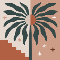 Thumbnail for Kuvassa on palmunlehti ja geometrinen auringon symboli minimalistisella tyylillä. Taustalla näkyy lämpimiä ja maanläheisiä sävyjä.