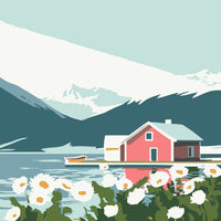 Thumbnail for Kuvassa on järvimaisema, jossa vaaleanpunainen mökki heijastuu veteen. Taustalla näkyy vuoria ja etualalla valkoisia kukkia. Kuvassa on käytetty pastellisävyjä.