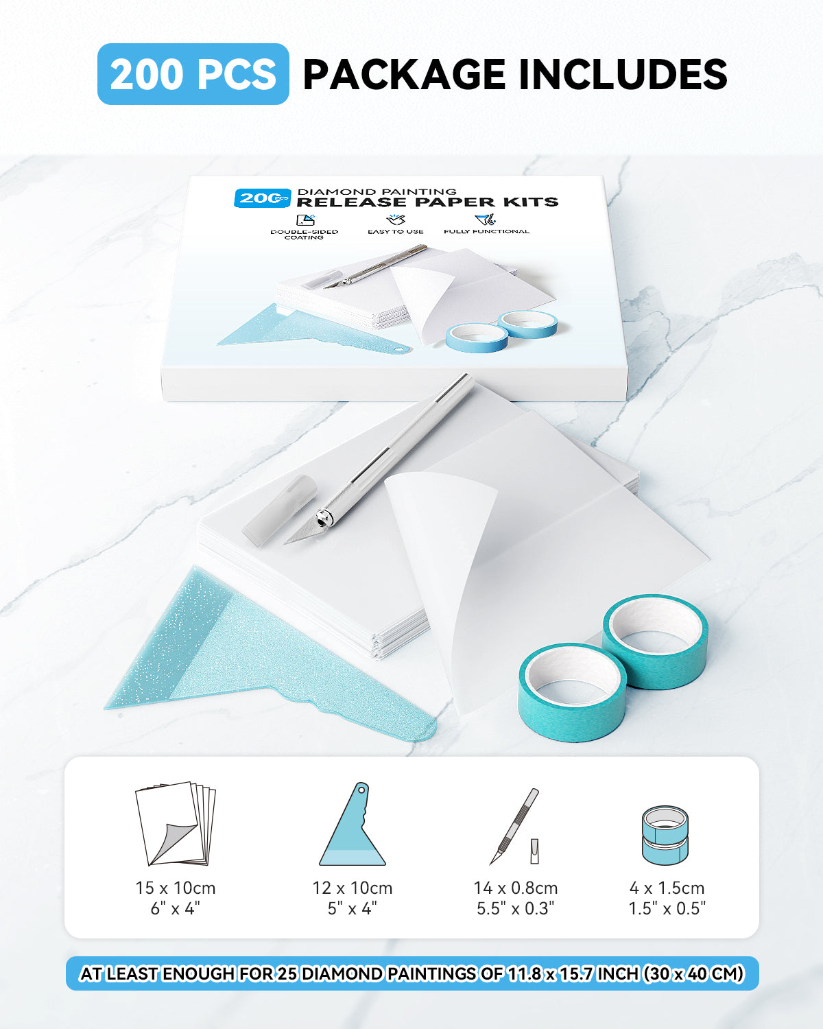 Diamond painting protective paper set – 200 sheets + tools 