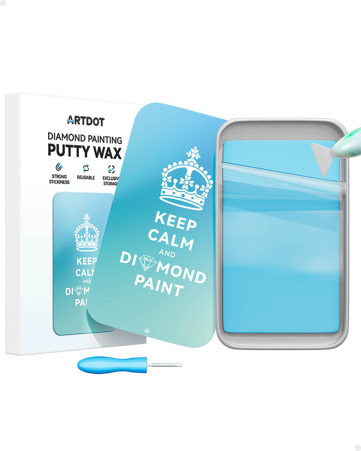ARTDOT timanttimaalausvaha metallirasiassa, mukana "Keep Calm and Diamond Paint" slogan ja työkalu vahan poistoon kynästä.