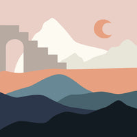 Thumbnail for Vuoristomaisema, jossa kuu ja minimalistiset vuorten muodot korostuvat pehmeissä sävyissä.